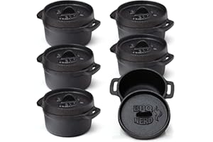 BBQ NERD BBQ-Nerd© - Set di 6 mini pentole olandesi | piccole pentole in ghisa con coperchio 11 x 5 cm per barbecue, braciere, forno, fornelli, pentole da portata, pentola per pane, cocotte pentola ignifuga