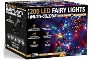 NETTA Christmas Tree Lights 200 LED 10m Fairy String Lights Plug in with Timer and Memory Functions for Outdoor/Indoor Use -Multi Coloured