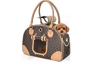 FREEAMG Dog Purse Carrier, water-resistant PU Leather Pet Travel Bag, Foldable Dog Purse Cat Tote Bag, for Cat and Small Dog Home & Outdoor, Hiking Travel(Brown)