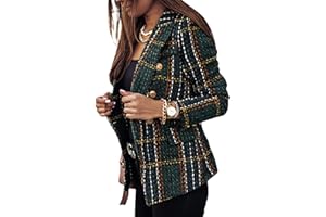 FeMereina Womens Tartan Blazers Suit Long Sleeve Lapel Collar Jacket Double Breast Houndstooth Suit Tops for Work Office