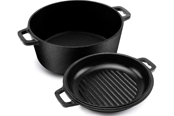 KICHLY 2 En 1 Four Hollandais En Fonte Pré-Assaisonné Avec Couvercle De Poêle A Griller A Double Usage - Cuire Au Four, Frire, Rôtir, Ragoût Et Griller - Cuisson A L'intérieur Et A L'extérieur
