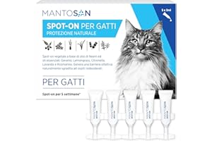 Mantosan Spot-On Vegetale per Gatti 5 Pipette da 3ml Protezione Naturale con Olio di Neem Ozonizzato e Oli essenziali di Geranio, Citronella, Lemongrass, Lavanda e Rosmarino - Made in Italy