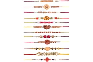 Craftsman Set of 12 Pc Rakhi for Brother Bhaiya Bhabhi Traditional Handmade Premium Quality Round Jerkan Stone Designer Rakhi Set with Roli Chawal, Greeting Card and Soun Stickers Rakhi Thread Rakhdi Bracelets Rakshabandhan (DESIGN 1) (DESIGN 1)