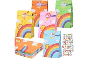 woric 50 sztuk torebek papierowych w kolorze tęczy, 22 x 12 x 7 cm, torebki na prezenty urodzinowe dla dzieci, małe torebki z 60 naklejkami, torebki papierowe, kolorowe torebki upominkowe na urodziny
