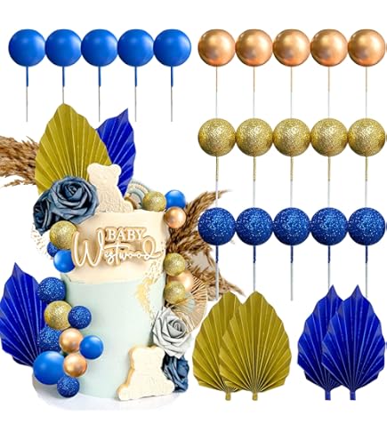 Boho Tortenaufsatz-Set – Mini Palmblätter & Blaue Kugeln Für Kuchen-Deko