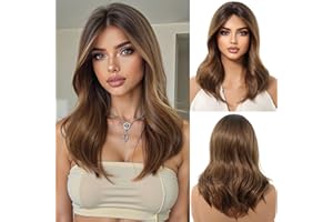 ‎OUFEI OUFEI Ombre Braune Perücke für Frauen mit Vorhang Pony Natürliches Gerades Lockiges Synthetisches Haare hitzebeständige Perücken für tägliche Party Cosplay Wear