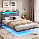 AOGLLATI Bed 140 x 190 cm with LED Lighting and Charging Station, Double Beds with Upholstered Headboard, Double Bed with Sto