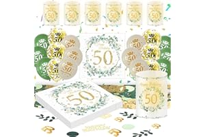 HAPPLIOPLAY Deko 50. Geburtstag Frau Mann, Eukalyptus 50th Happy Birthday Decorations Servietten+Windlicht Tischdeko+Konfetti+Luftballon Grüne Gold, 50 Geburtstag Deko Männer Frauen (50th Birthday Tischdeko)
