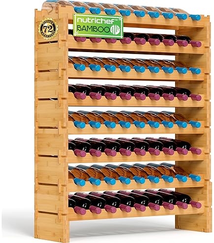 NutriChef Stapelbaar Bamboe Wijnrek 8 Laags 72 Flessen Vrijstaand Rek Zonder Gereedschap Modulair Display Voor Keuken Kelder 85x25x107 Cm Wit 2928857012