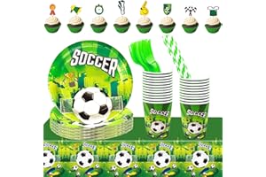 Lunriwis 105 Stück Fußball Partygeschirr Set, Fußball Deko für Fußball-Liebhaber, Fußball Pappteller Becher Gabeln Strohhalme Tischdecke Cake Toppers für Kindergeburtstag, für 20 Personen