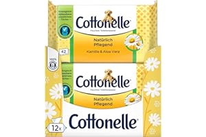 Cottonelle Feuchtes Toilettenpapier, Natürlich Pflegend - Kamille & Aloe Vera, Biologisch Abbaubar, Plastikfrei, Wiederverschließbar, Vorteilspack, 12 x 42 Feuchttücher