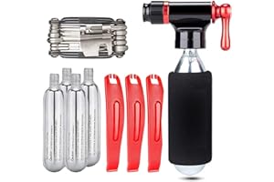 Kadacha Kit de gonflage CO2 avec 5 Cartouches filetées CO2 de 16 g - Compatible avec Les valves Presta et Schrader - Pompe de Pneu de vélo CO2 Portable avec kit Multi-Outils de réparation de vélo