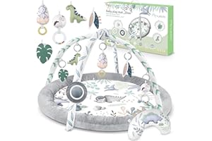 Nukido Spielbogen Baby Interaktiv - 5in1 Krabbeldecke Spielmatte - Laufstall Babynestchen für Neugeborene mit Bauchzeit-Kissen - 2 Bögen mit 7 Sensorik-Spielzeugen - 56 cm Grau