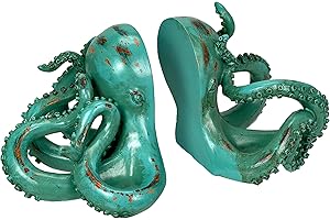 ZECKOS Aqua Green Octopus Bookends Set of 2 – Coastal Nautical Polyresin Wall Decor for Bookshelves, Office, Bedroom, Living Room, Beach House, Animal Ocean Themed, Felt Pad Feet, Unique Gift for Book Lovers