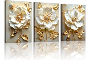 WENGTIAO Set of 3 3D White Peony Flowers Canvas Wall Art Prints Framed Pictures Luxury Gold Leaves Beige Floral Painting on Canvas Living Room Bedroom Home Decor Ready to Hang 30x40cmx3