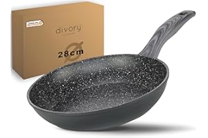 DIVORY Bratpfanne 28cm Induktion – Antihaft Beschichtete große Universalpfanne für alle Herdarten - Sichere Griffe, Spülmaschinen geeignet (Graues Holz, 28cm)