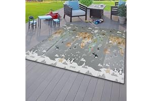 TT Home Tappeto Da Gioco Cameretta Pieghevole Motivo Animale Lavabile Mappamondo, Colore:Grigio Verde Beige, Dimensione:180x200 cm