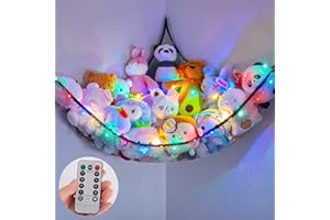 MHJY Toy Hammock Stuffed Animals Toy Storage Net with LED Light Large Corner Hanging Soft Cuddly Plush Mesh Organizer with Remote Control 8 Kinds of Llight Mode for Kids Nursery Bedroom