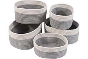 Otoomenz Woven Cotton Rope Storage Basket, 5PCS Shelf Baskets with Handles,Toy Basket Storage Baby Storage Organiser Bathroom Storage Baskets for Make up Cupboard Drawer Closet (Grey))