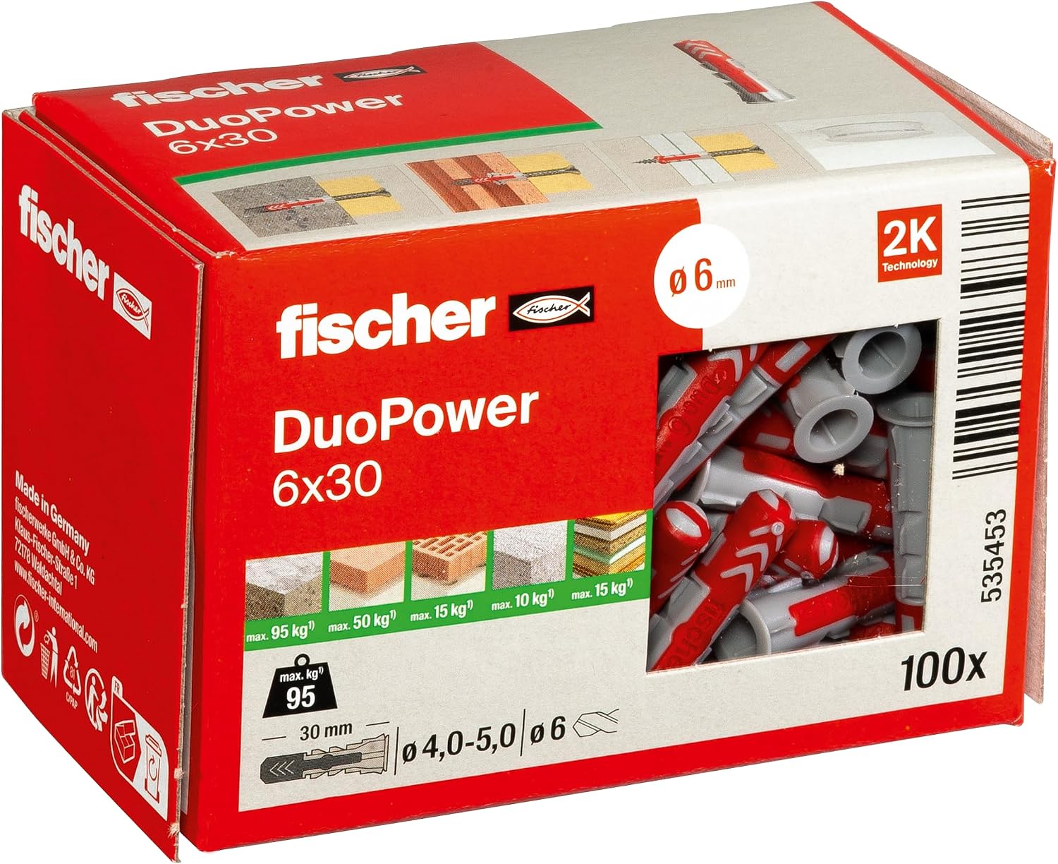fischer DuoPower 6 x 30, universele plug, hoogwaardige 2-componenten plug, kunststof plug voor bevestiging in beton, baksteen, steen, gipskarton en nog veel meer, zonder schroeven, 100 stuks