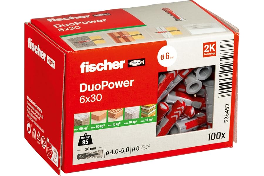 fischer - Tacos DUOPOWER 6x30 mm | Caja de Tacos Universales Bicolor | Nylon de 2 Componentes para Fijaciones en Hormigón, La