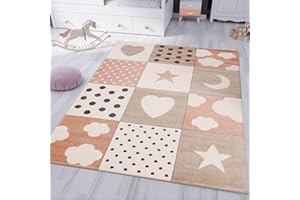 VIMODA Kinderteppiche Patchwork Wolke Herz Sterne | Kinderteppich für Mädchen und Jungs | Teppich für Kinderzimmer | Farbe: Blau, Grau & Rosa | Schadstofffrei Kinderzimmerteppich, Maße:160x230 cm