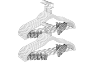 ‎SONGMICS SONGMICS Wieszaki na spodnie, aksamitne, z regulowanymi klipsami, długość 42,5 cm, antypoślizgowe, zajmujące mało miejsca, na spódnice, płaszcze, sukienki, białe, CRF012W20