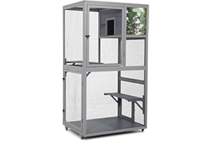 LEFLUFFY 2-Tier Large Catio Movable Cat House, Wooden Outdoor Cat Enclosure on Wheels with Resting Box, Lockable Doors, Asphalt Roof, 90x71x167cm