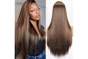 PORSMEER Peluca Marrón Oscuro Mix Rubio Color Largas Derecho Ombre Pelucas para Mujer, Largo Recto Sedoso Parte Media Sintético Natural de Pelo para Halloween Cosplay Disfraz 24"