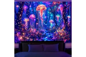 Simpkeely Blacklight Jellyfish Forest Tapestry, UV Reactive Fantasy Vibrant Neon Art Decor, Glow in The Dark Aquatic Life Wall Hanging Tapestries for Bedroom, Living Room - 180 x 230 cm