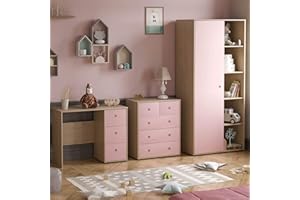 Junior Vida Neptune 3 Piece Bedroom Furniture Set 5 Drawer Chest, 3 Drawer Desk, 1 Door Wardrobe (Pink & Oak)