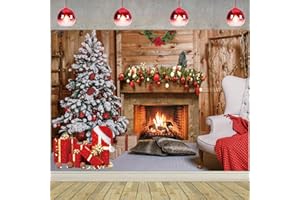 BUTEN Christmas Fireplace Theme Backdrop Merry Christmas Eve Photo Backdrop Merry Xmas Trees Gifts Backgrounds for Photography Family Party Decoration Supplies 7x5ft
