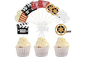 SYKYCTCY 30 Pack Movie Theater Cupcake Toppers Glitter Night Roll Camera Popcorn Cupcake Picks Hollywood Theme Baby Shower Kids Birthday Party Cake Decorations Supplies