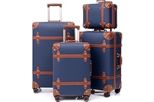 urecity Vintage Luggage Sets for Women Men, PU Leather Retro Suitcase Set, Vintage Carry On Luggage, Cute Vintage Trunk Luggage Sets 4PCS (Navy Blue, 4 Pcs Set)