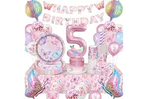 YIMAKJ Schmetterling Deko Geburtstag, 5 Jahre Schmetterling Geburtstagsdeko Mädchen, 5. Schmetterling Kindergeburtstag Deko, Pappteller, Pappbecher, Luftballons, Banner Für Partygeschirr Set 16 Gäste