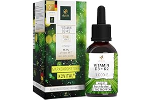 ‎VITACTIV NATURAL NUTRITION VITACTIV Vitamin D3 K2 Tropfen - K2VITAL® 99,7% all-trans MK-7 - D3 pro Tropfen 1000 IE, Hochdosiert, Hoch Bioverfügbar - Aus Deutschland, Laborgeprüft, Vegan - 50ml, 1700 Tropfen