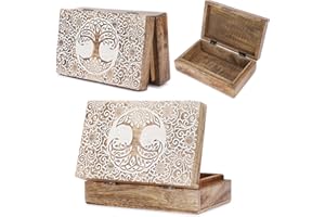 Ajuny Caja de Almacenamiento de Joyas Decorativa de Madera Tallada a mano con Diseño de árbol de la Vida Soporte Multiusos para Recuerdos Caja Organizadora de Tesoros Regalo de 8 x 5 pulgadas