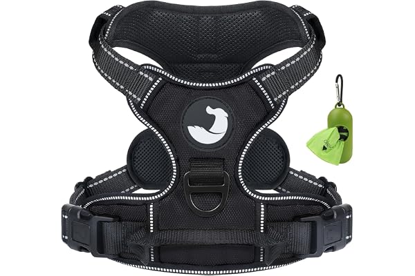 Joytale Harnais Chien, Réfléchissant Respirante Harnais Anti Traction pour Chien avec Attache Devant et Poignée Contrôle Sécurité pour Moyen, Noir, M