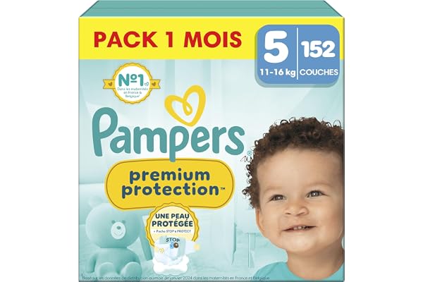 Pampers Premium Protection, Taille 5, 152 Couches, 11-16kg, Double Protection pour la peau et contre les fuites Avec Poche Stop & Protect pour aider à capturer les Fuites, Pack 1 Mois