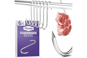 Filzada® 6x XXL Fleischerhaken Edelstahl - 50 kg - Belastbar - Ø 5mm - Hochwertige Räucherhaken Edelstahl MIT SPITZE - Fleischhaken Räuchern - S Haken Edelstahlhaken - Räucherhaken für Forellen