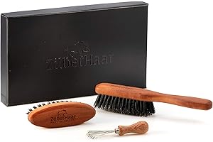 ZilberHaar - Beard Brush Grooming Kit for Men - 1 Beard Brush + 1 Pocket Brush + 1 Brush Cleaner Tool - Stiff Boar Bristles and Pearwood - Medium to Long, Thick Beards - Distributes Balm & Oil