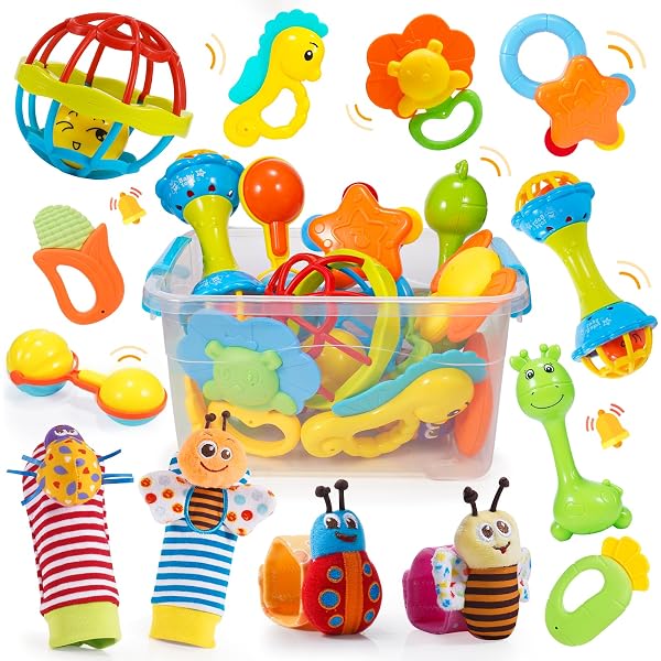 Set 14 Jouets D'Éveil Bébé 0-12 Mois - Hochets, Anneaux De Dentition & Chaussettes Grelots
