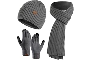 CheChury Men's Scarf, Glove & Beanie Hat Set - Long Scarf, Touchscreen Gloves & Thick Cable Knit Hat for Unisex Cold Weather