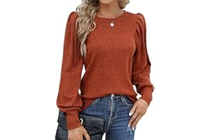 Hotouch Top para Mujer Elegante Jersey de Cuello Redondo y Manga Abullonada Blusa Casual de Manga Larga Ligera Tops Otoño Invierno