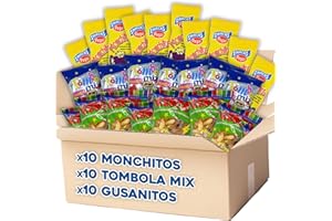 IAMI Pack Snacks Monchitos + Gusanitos Pegui + Tómbola Mix - 10 Bolsas Arroz Inflado Sabor Jamón + 10 Bolsas Gusanitos de Maíz + 10 Bolsas Mix Aperitivo de Maíz