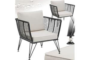 TecTake® Set of 2 Garden Chairs in Rope Design, Outdoor Lounge Chair Set with Weather-Resistant Polyrattan, Robust Steel Frames & Water-Repellent Cushions, Ideal Patio, Balcony & Garden Furniture Set
