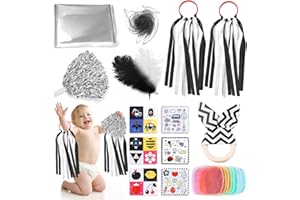 XERTEAM 19Pcs Baby Sensory Set, Sensory Foil Blanket Baby Crinkle Papers Black & White Ribbon Rattle Toy for Babies, Newborn Sensory Toy Scarf Feathers for 0 3 6 9 12 Months Early Learning Autism ADHD