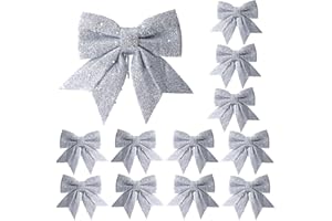 YUNLI 12 Stück Weihnachtsschleifen, Schleifen Weihnachtsbaum Silber, Glitzer Schleifen Weihnachtsbaumschmuck, Weihnachtsbaum Bogen Schleife, Weihnachten Schleifen für Weihnachtskranz Geschenke Deko