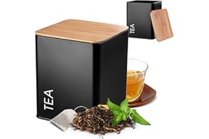 KADAX Barattolo con coperchio, Contenitore in acciaio verniciato a polvere, contenitore ermetico adatto per spezie o cacao, Contenitori da cucina (quadrato, con etichetta “Tea”, nero)