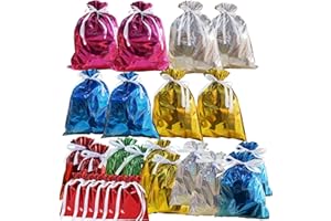 AISSZHAO 24 Pack Foil Gift Bags Drawstring Solid Color Present Wrapping Bags,6 Color Shimmer Multipack Wrapping Bag,Jumbo Christmas Bag,Reusable Large Xmas Gift Bagfor Presents Birthday Wedding Party